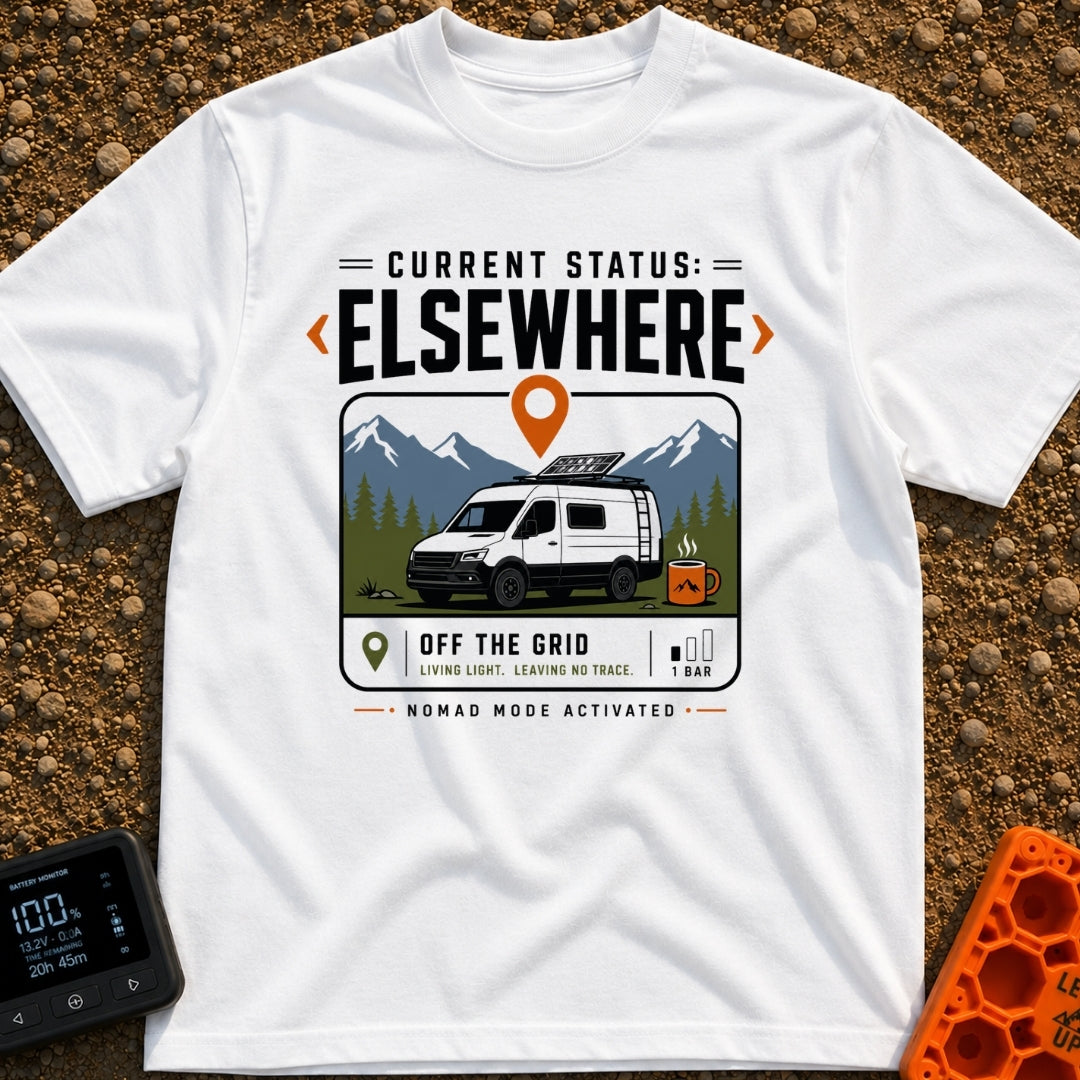 Current Status Offline - T-Shirt in White - A white camper van with a roof-mounted solar panel is parked in front of...
