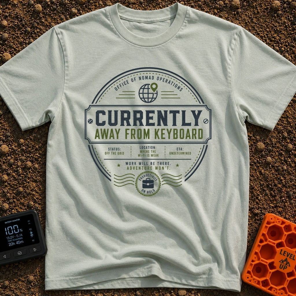 Ctrl Alt Escape - T-Shirt in Bay - A circular, stamp-like badge design featuring the main text "CURRENTLY AWAY FROM...