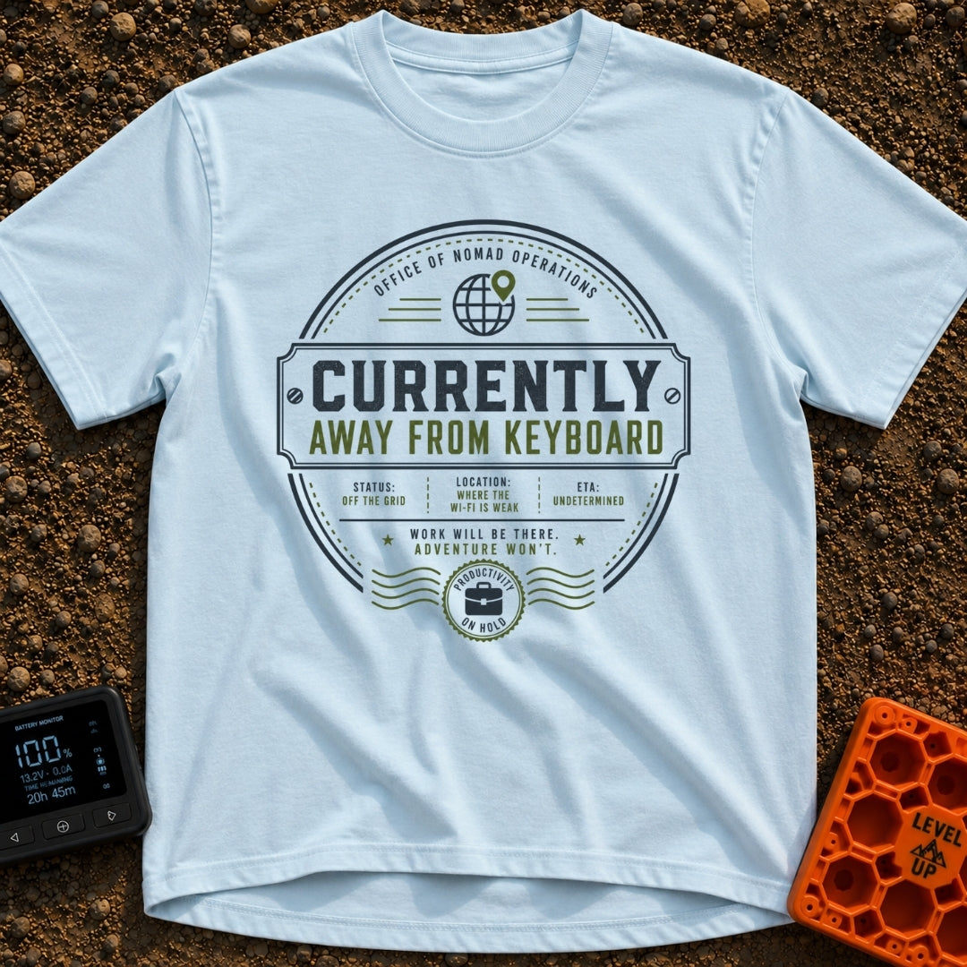 Ctrl Alt Escape - T-Shirt in Chambray - A circular, stamp-like badge design featuring the main text "CURRENTLY AWAY FROM...