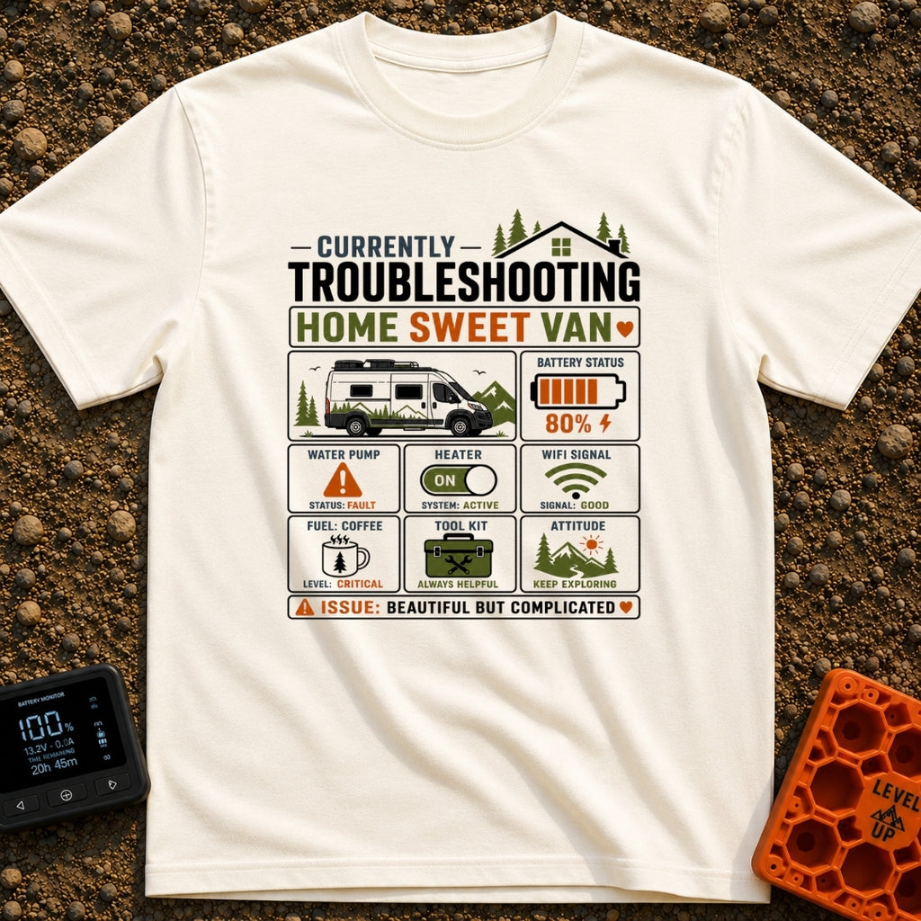Home Sweet Troubleshooting - T-Shirt in Ivory - A multi-panel dashboard graphic titled "Currently Troubleshooting Home...