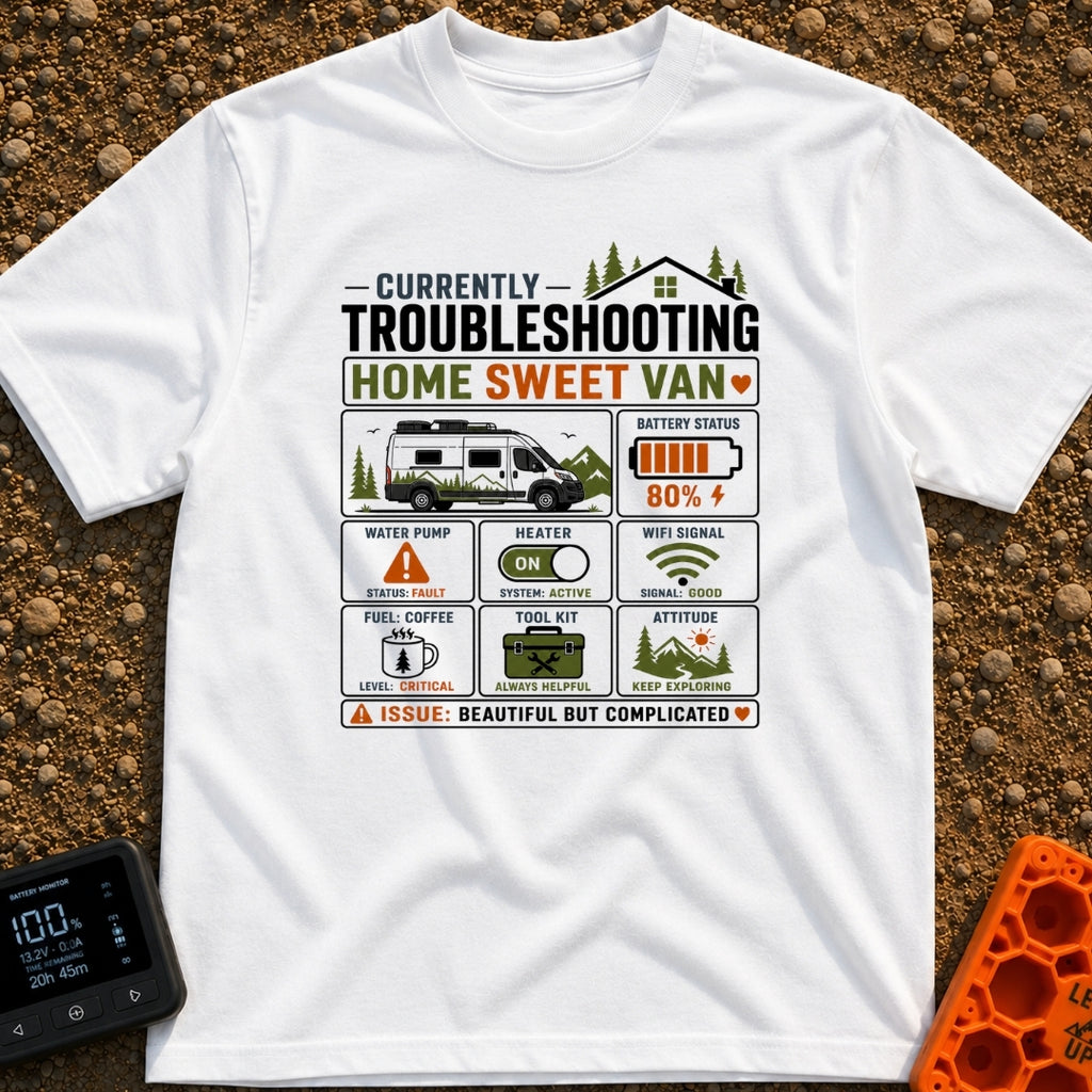 Home Sweet Troubleshooting - T-Shirt in White - A multi-panel dashboard graphic titled "Currently Troubleshooting Home...