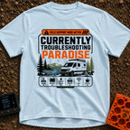Paradise Debugger Active - T-Shirt in Chambray - A white camper van is parked beside a lake with mountains and pine trees...