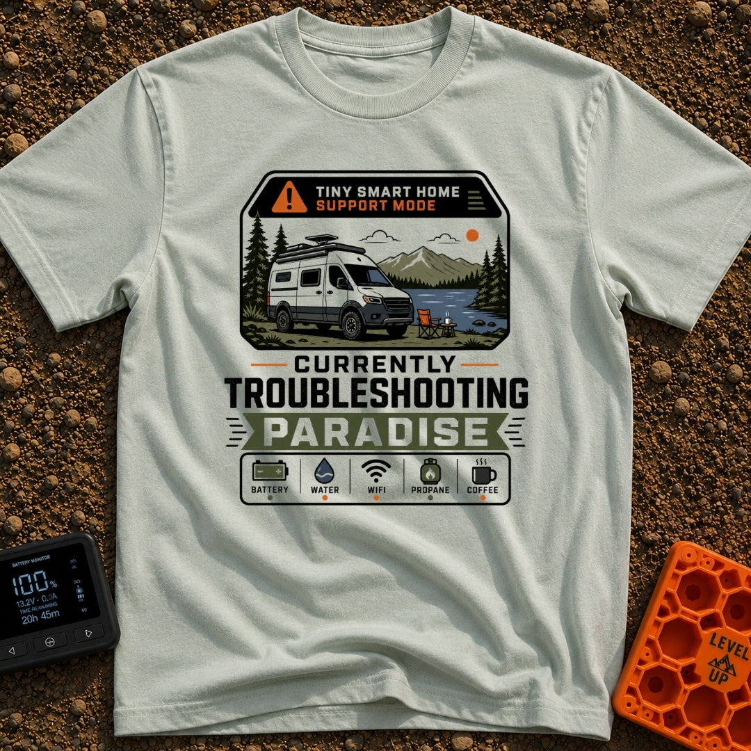 Troubleshooting In Paradise - T-Shirt in Bay - A white camper van is parked next to a lake with mountains in the...