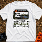 Troubleshooting In Paradise - T-Shirt in White - A white camper van is parked next to a lake with mountains in the...