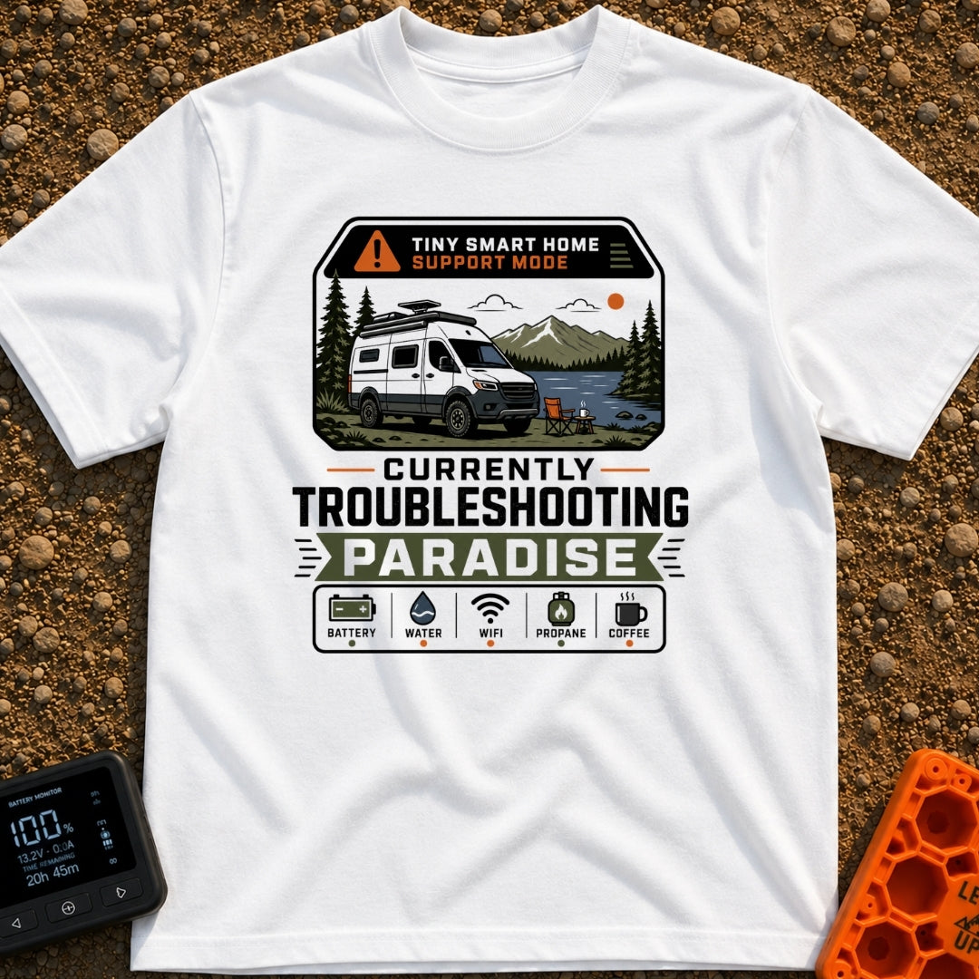 Troubleshooting In Paradise - T-Shirt in White - A white camper van is parked next to a lake with mountains in the...