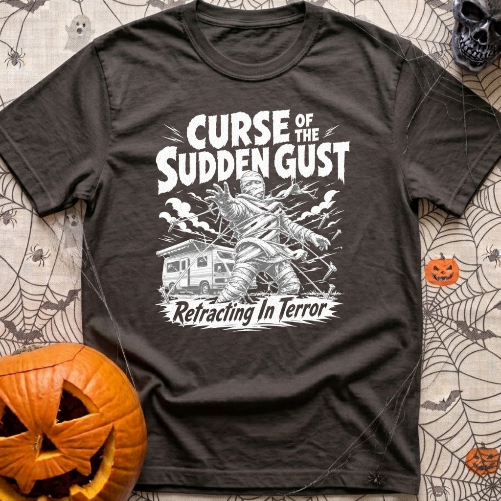 The Awning Curse - T-Shirt in Graphite - A black-and-white illustration of a mummy tangled in ropes and torn fabric...
