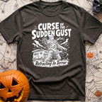 The Awning Curse - T-Shirt in Graphite - A black-and-white illustration of a mummy tangled in ropes and torn fabric...