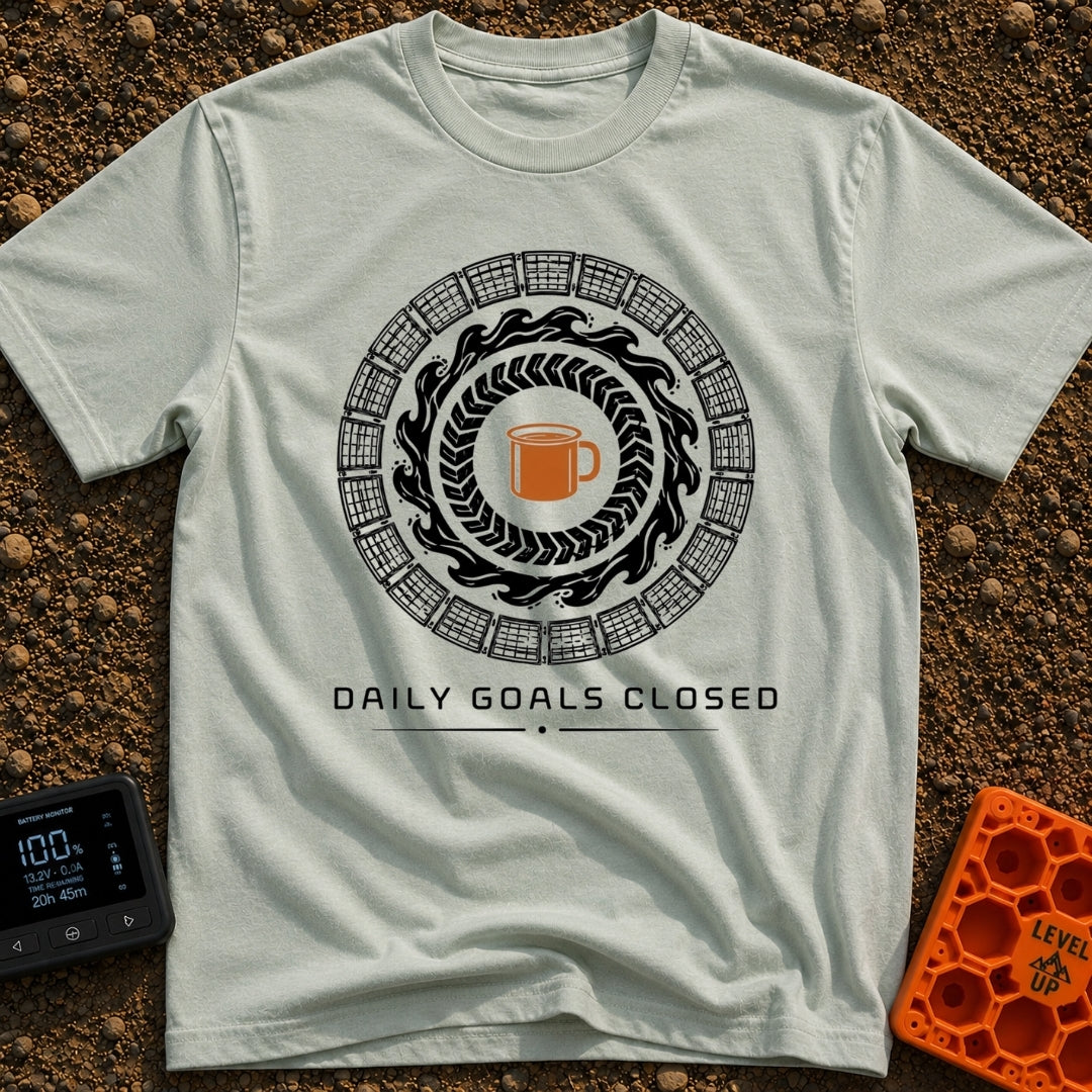 Daily Goals Closed - T-Shirt in Bay - A circular design mimicking a smartwatch activity tracker, featuring concentric...