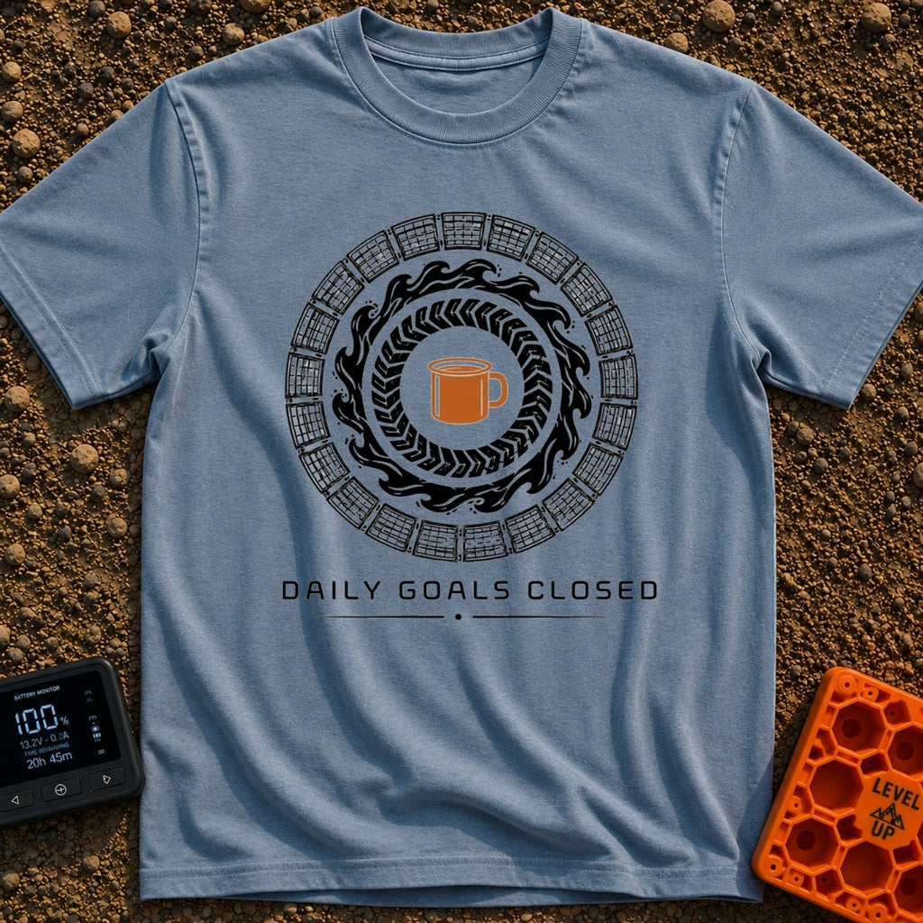 Daily Goals Closed - T-Shirt in Blue Jean - A circular design mimicking a smartwatch activity tracker, featuring...