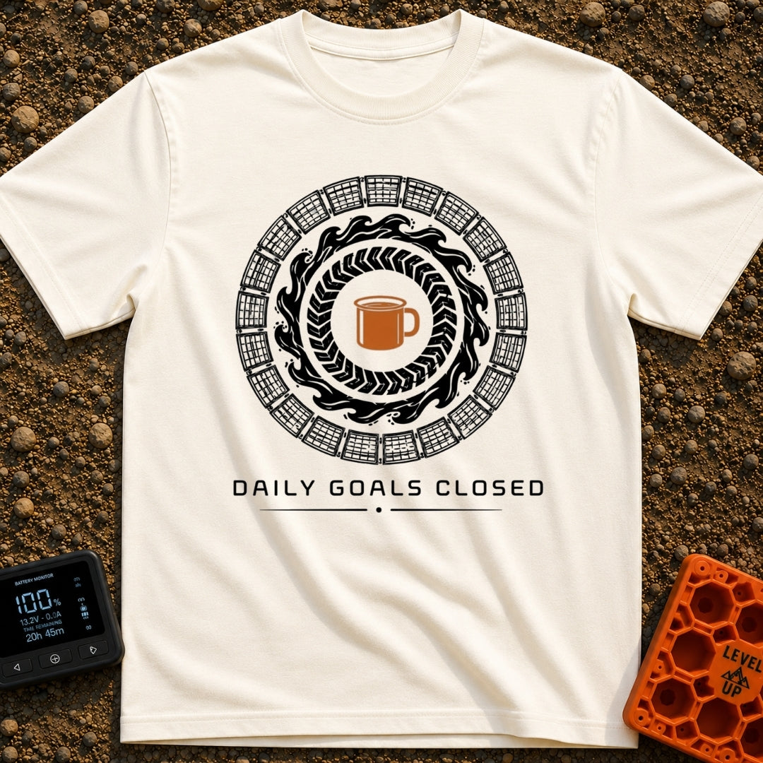 Daily Goals Closed - T-Shirt in Ivory - A circular design mimicking a smartwatch activity tracker, featuring concentric...