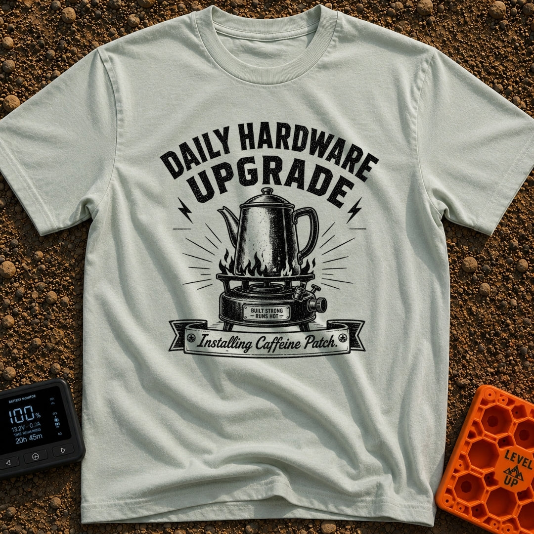 Daily Driver Upgrade - T-Shirt in Bay - A black and white, vintage-style illustration of a percolator coffee pot resting...