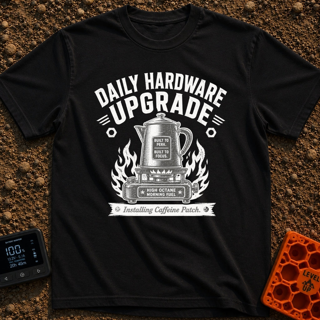 Daily Driver Upgrade - T-Shirt in Black - A black and white, vintage-style illustration of a percolator coffee pot...