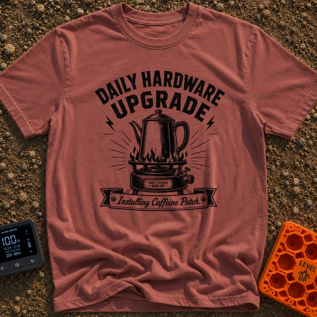Daily Driver Upgrade - T-Shirt in Brick - A black and white, vintage-style illustration of a percolator coffee pot...