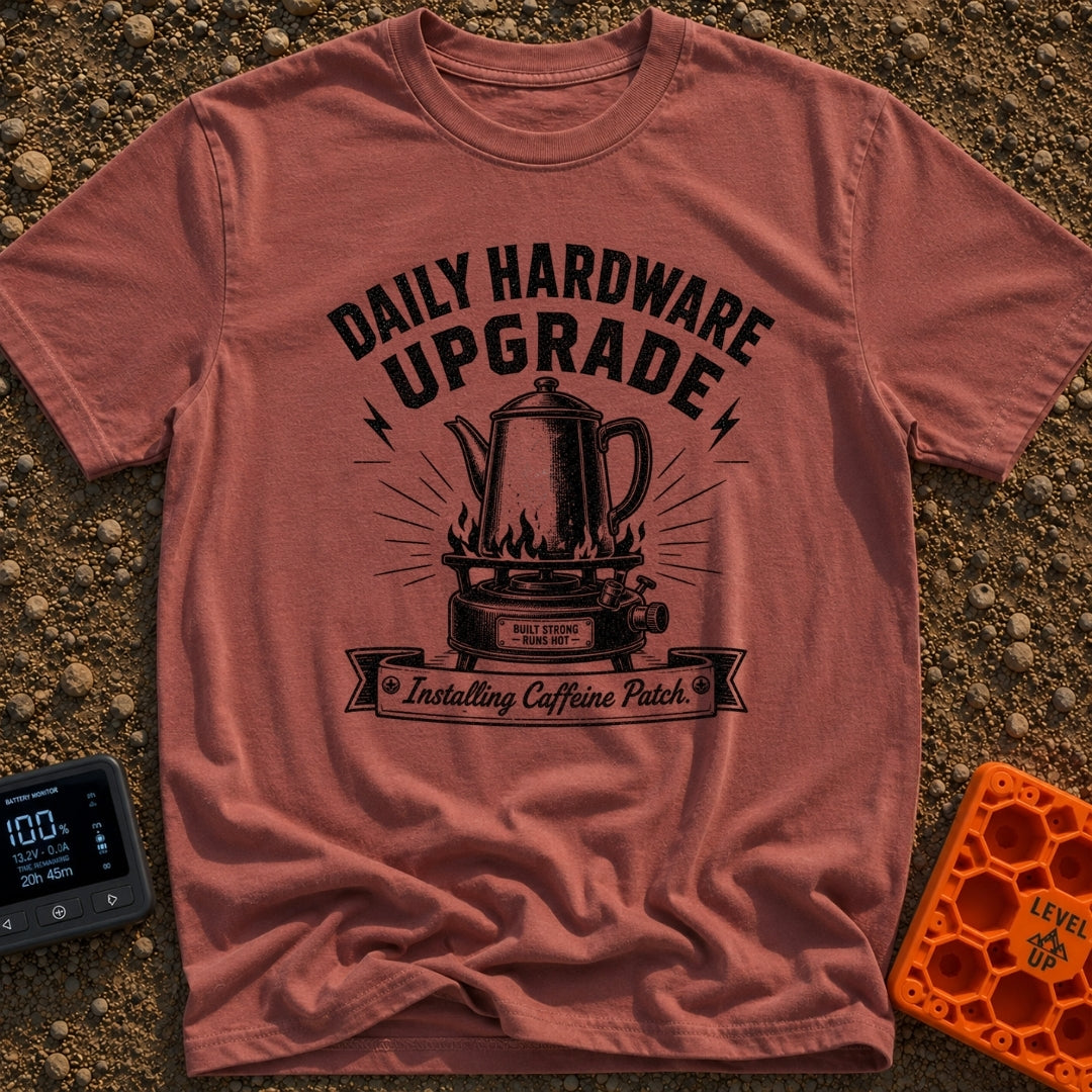 Daily Driver Upgrade - T-Shirt in Brick - A black and white, vintage-style illustration of a percolator coffee pot...