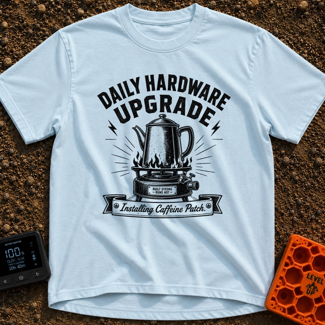 Daily Driver Upgrade - T-Shirt in Chambray - A black and white, vintage-style illustration of a percolator coffee pot...