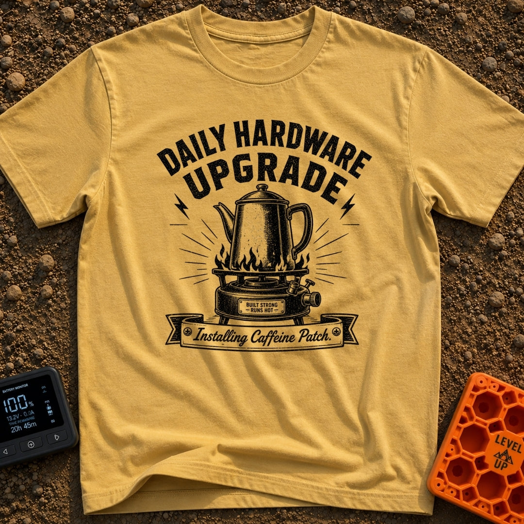 Daily Driver Upgrade - T-Shirt in Mustard - A black and white, vintage-style illustration of a percolator coffee pot...