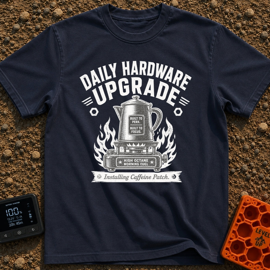 Daily Driver Upgrade - T-Shirt in Navy - A black and white, vintage-style illustration of a percolator coffee pot resting...
