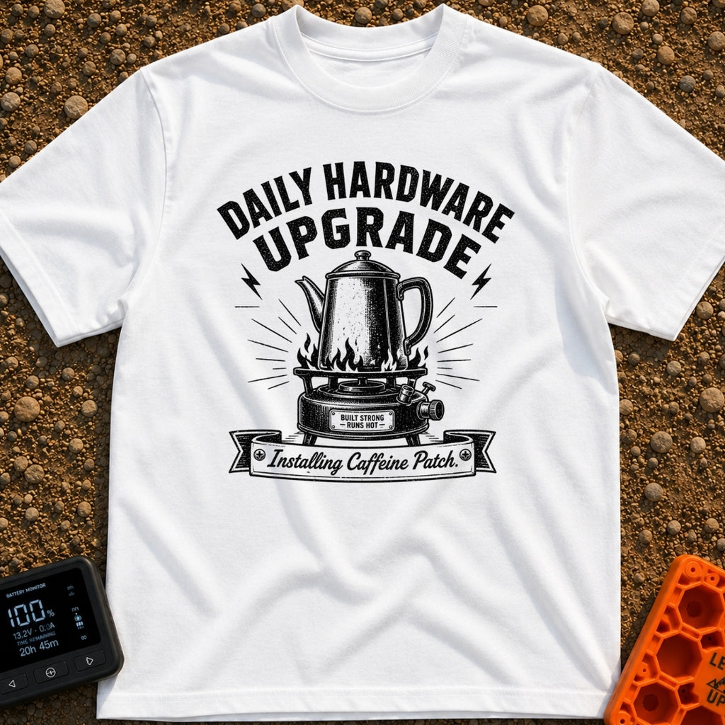 Daily Driver Upgrade - T-Shirt in White - A black and white, vintage-style illustration of a percolator coffee pot...