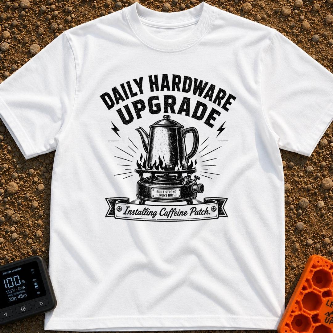 Daily Driver Upgrade - T-Shirt in White - A black and white, vintage-style illustration of a percolator coffee pot...