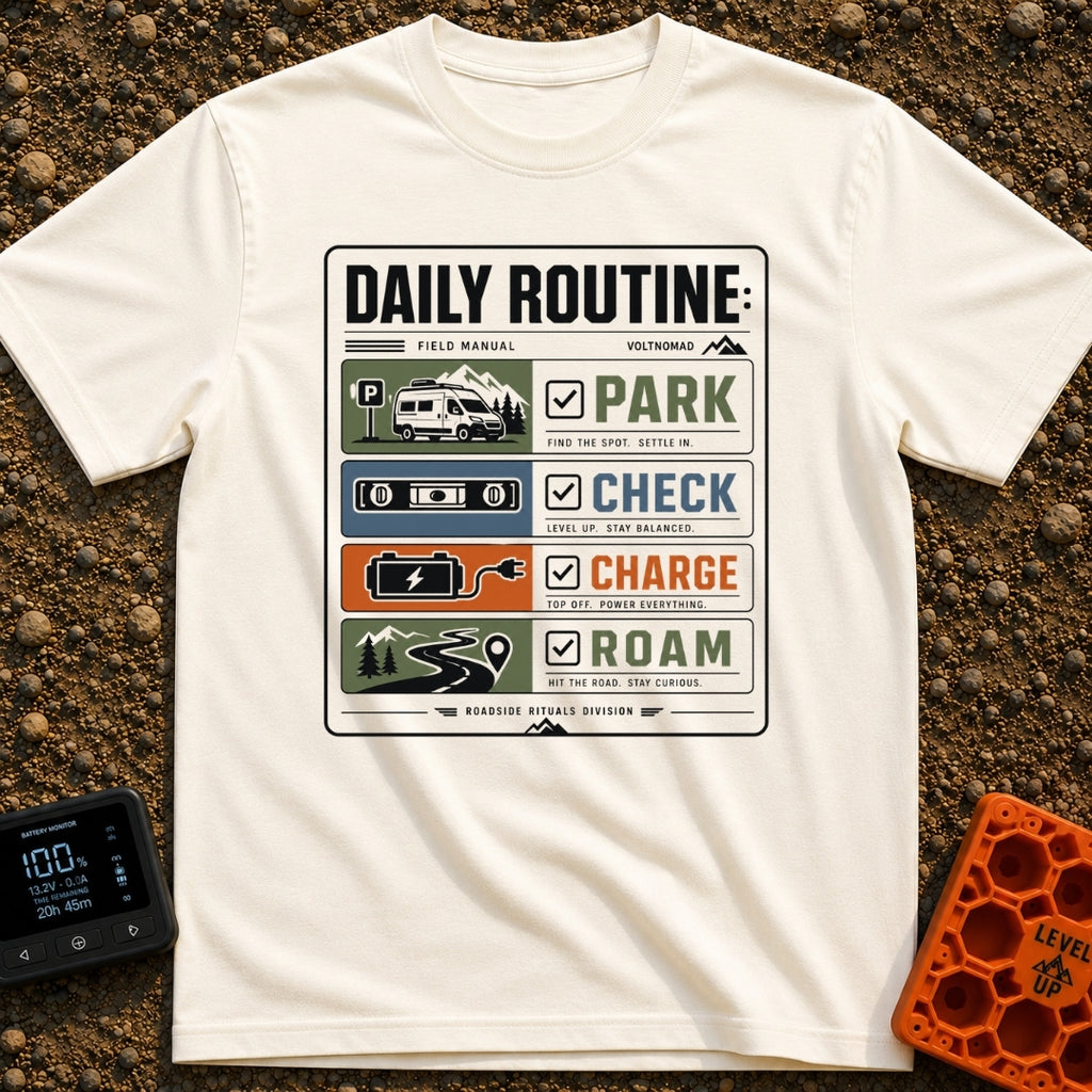 Park Check Charge Roam - T-Shirt in Ivory - A graphic resembling a field manual checklist titled 'DAILY ROUTINE',...