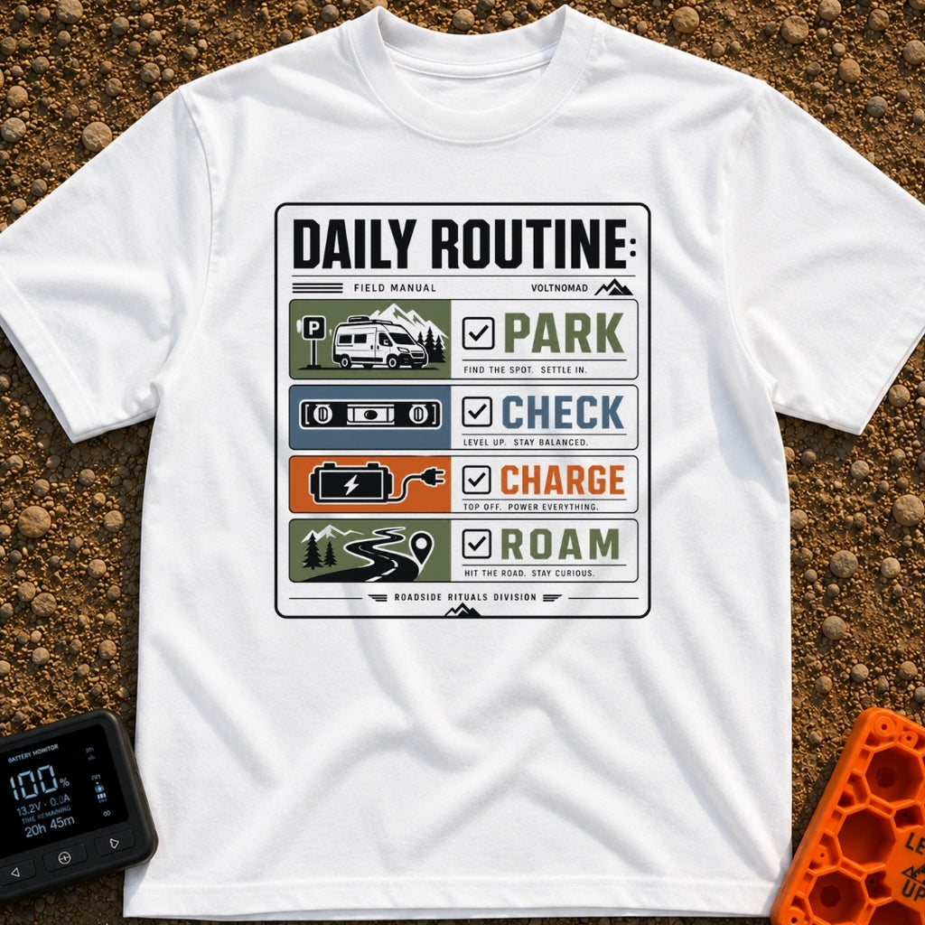 Park Check Charge Roam - T-Shirt in White - A graphic resembling a field manual checklist titled 'DAILY ROUTINE',...