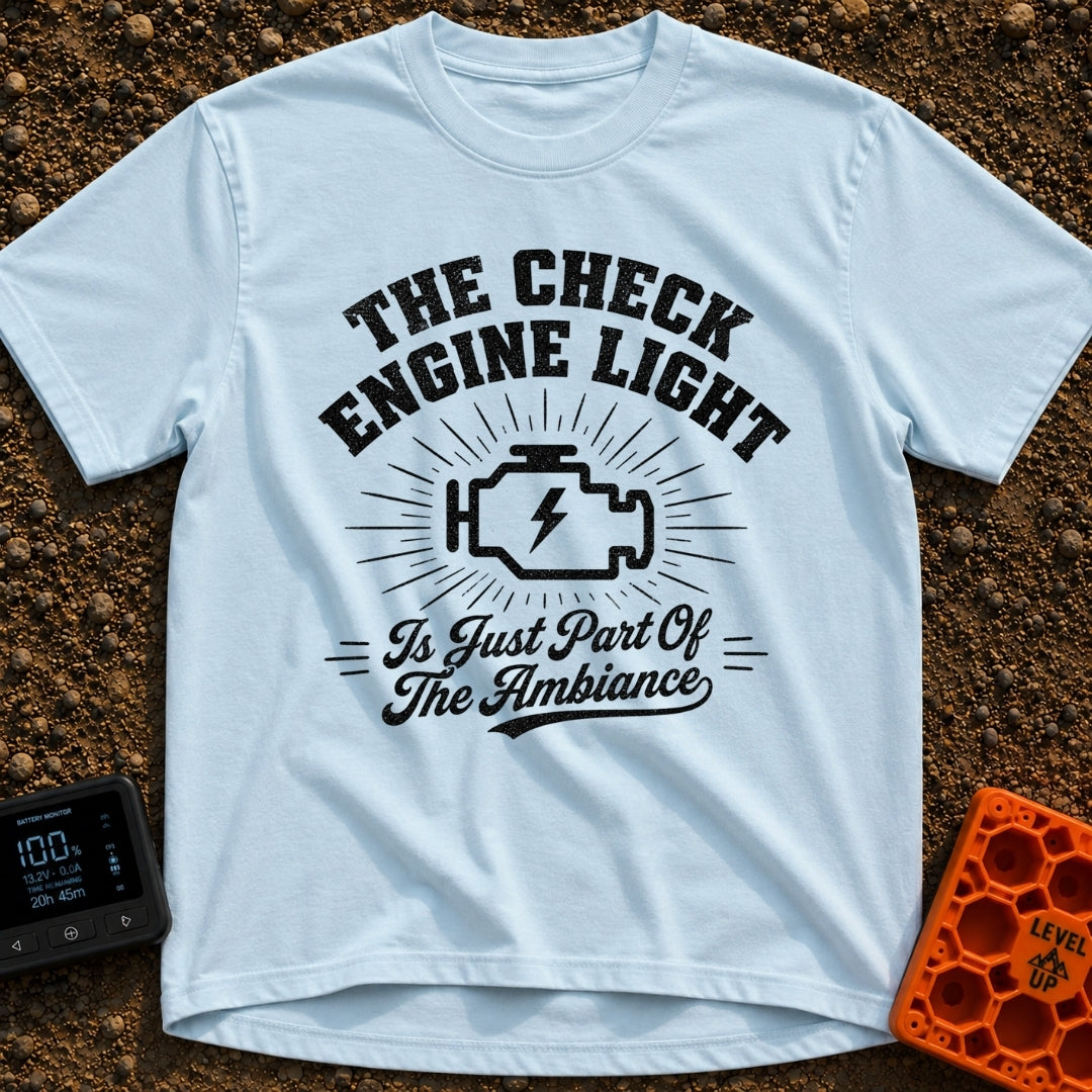 That Check Engine Glow - T-Shirt in Chambray - A graphic design featuring the text "THE CHECK ENGINE LIGHT" in distressed...