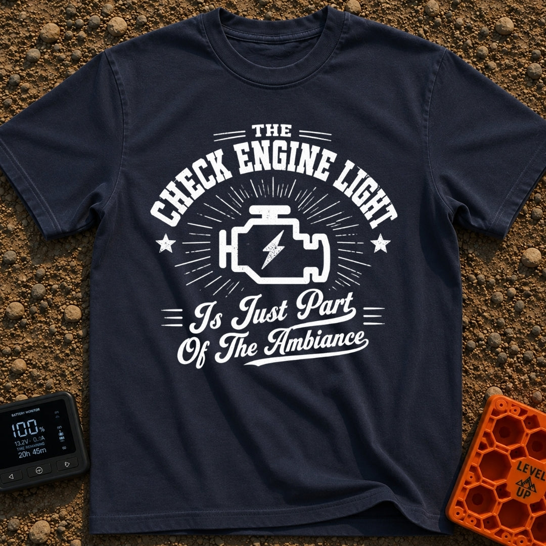 That Check Engine Glow - T-Shirt in Navy - A graphic design featuring the text "THE CHECK ENGINE LIGHT" in distressed...