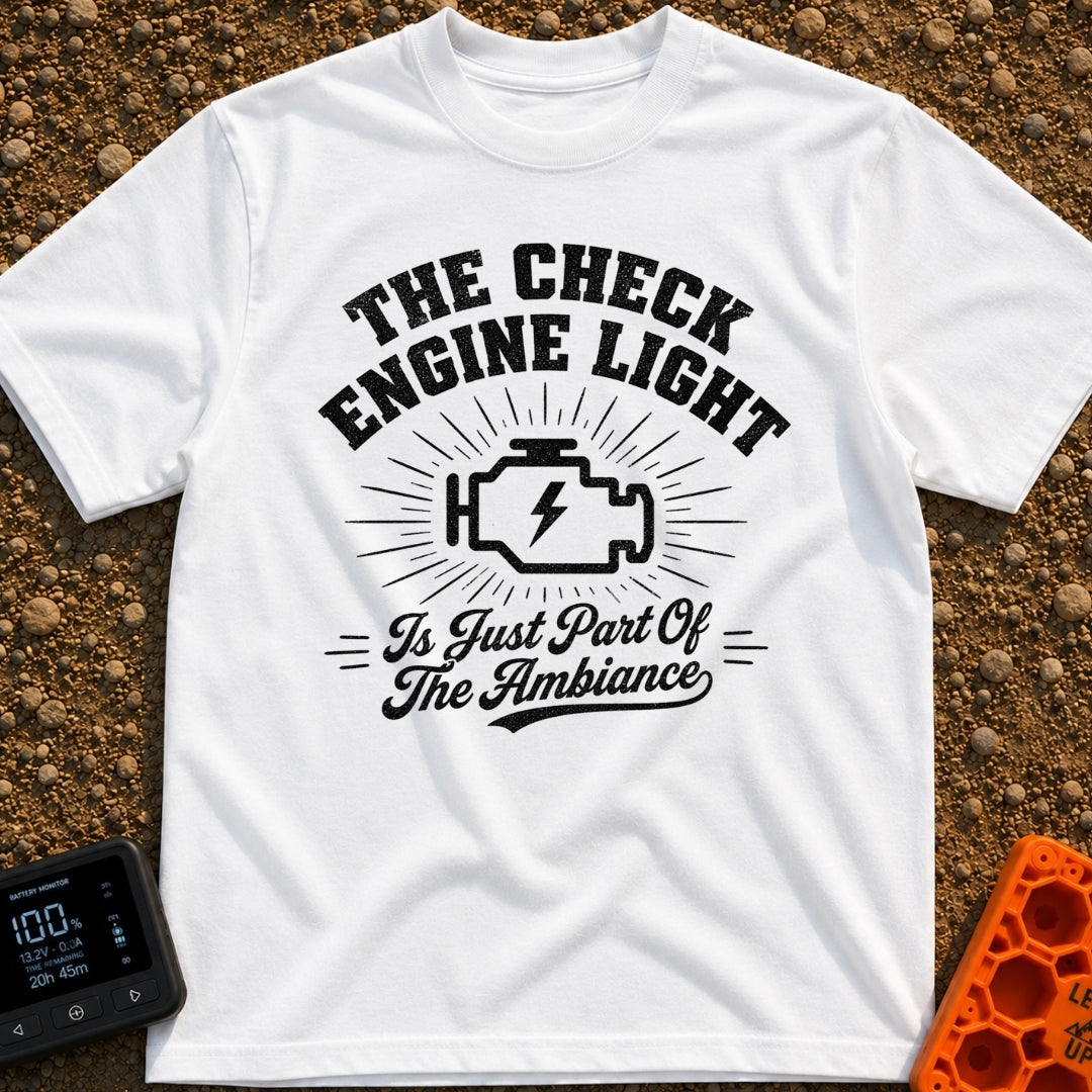 That Check Engine Glow - T-Shirt in White - A graphic design featuring the text "THE CHECK ENGINE LIGHT" in distressed...