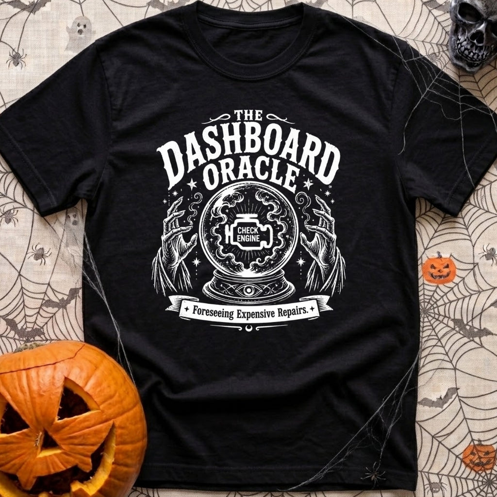 Consult The Dashboard Oracle - T-Shirt in Black - A black and white mystical-style illustration featuring a crystal ball...