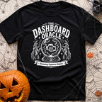 Consult The Dashboard Oracle - T-Shirt in Black - A black and white mystical-style illustration featuring a crystal ball...