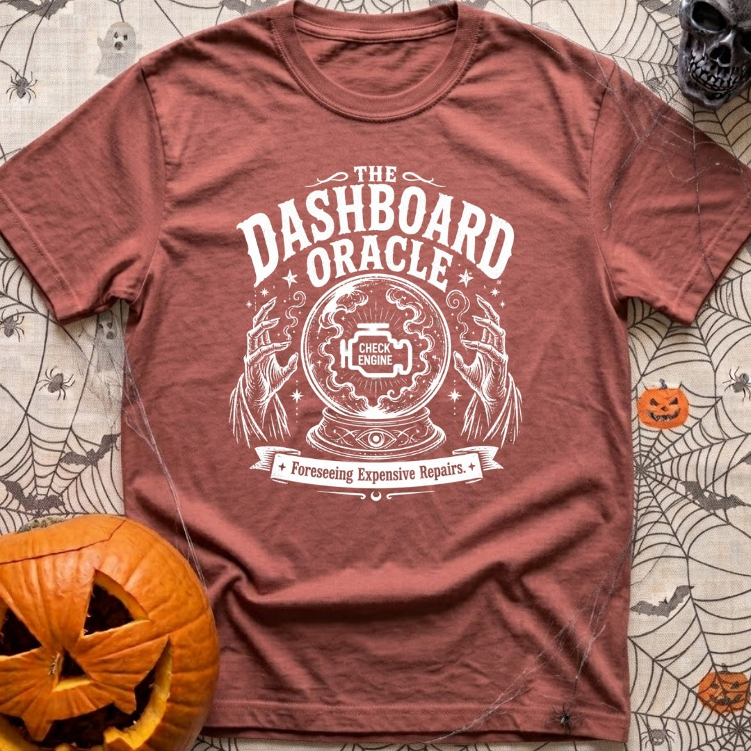Consult The Dashboard Oracle - T-Shirt in Brick - A black and white mystical-style illustration featuring a crystal ball...