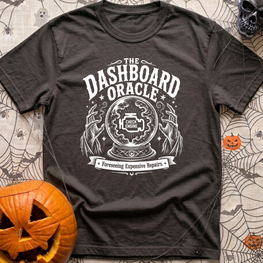 Consult The Dashboard Oracle - T-Shirt in Graphite - A black and white mystical-style illustration featuring a crystal...