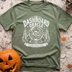 Consult The Dashboard Oracle - T-Shirt in Moss - A black and white mystical-style illustration featuring a crystal ball...