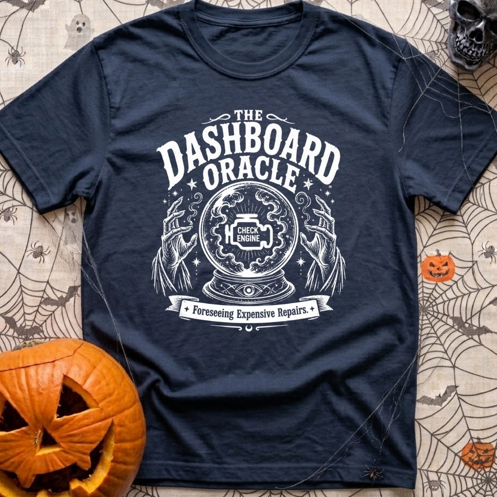 Consult The Dashboard Oracle - T-Shirt in Navy - A black and white mystical-style illustration featuring a crystal ball...