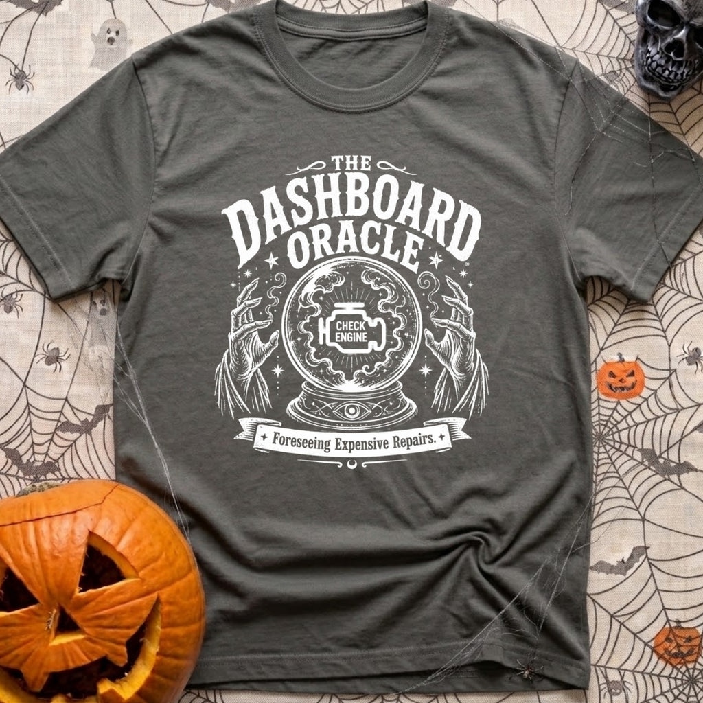 Consult The Dashboard Oracle - T-Shirt in Pepper - A black and white mystical-style illustration featuring a crystal ball...
