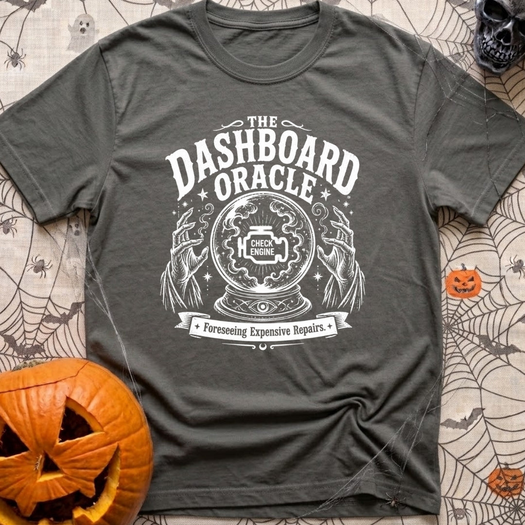 Consult The Dashboard Oracle - T-Shirt in Pepper - A black and white mystical-style illustration featuring a crystal ball...