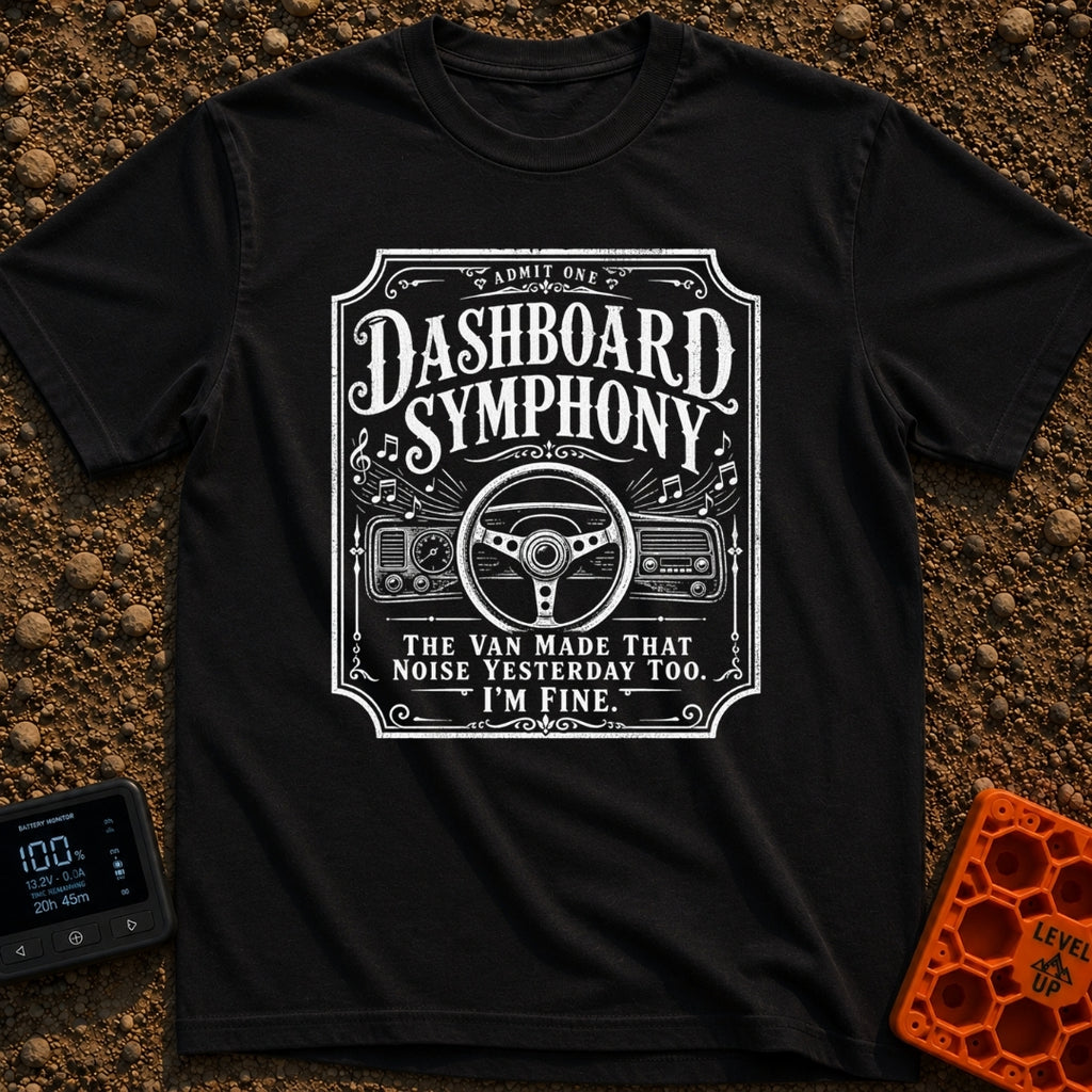 Symphony Of Squeaks - T-Shirt in Black - A distressed white graphic showing a vehicle steering wheel and dashboard radio...