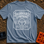 Symphony Of Squeaks - T-Shirt in Blue Jean - A distressed white graphic showing a vehicle steering wheel and dashboard...
