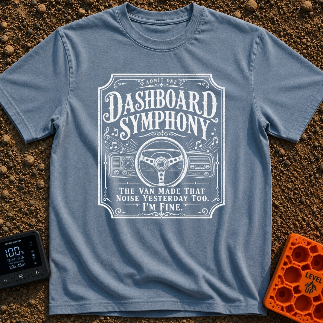 Symphony Of Squeaks - T-Shirt in Blue Jean - A distressed white graphic showing a vehicle steering wheel and dashboard...