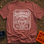 Symphony Of Squeaks - T-Shirt in Brick - A distressed white graphic showing a vehicle steering wheel and dashboard radio...