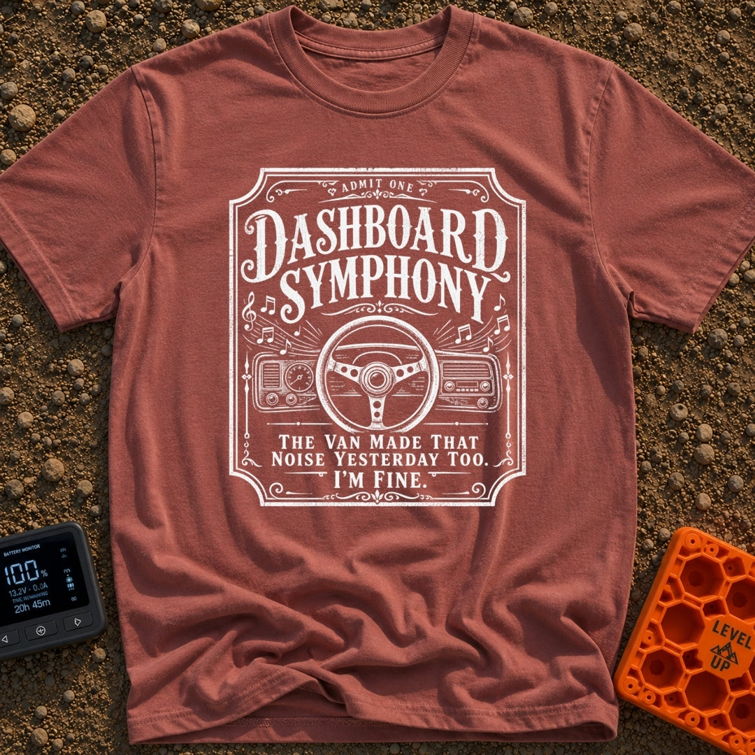 Symphony Of Squeaks - T-Shirt in Brick - A distressed white graphic showing a vehicle steering wheel and dashboard radio...