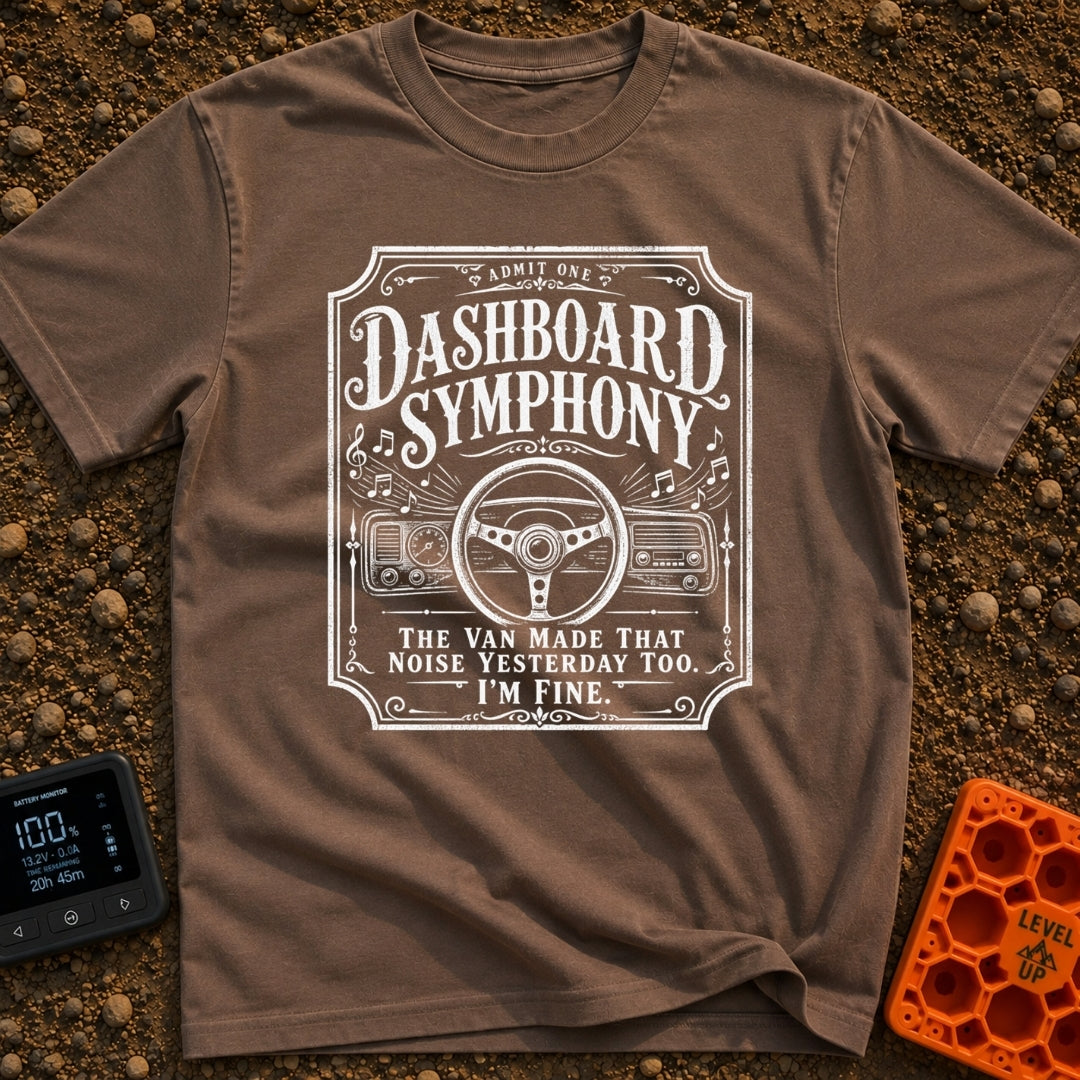 Symphony Of Squeaks - T-Shirt in Espresso - A distressed white graphic showing a vehicle steering wheel and dashboard...