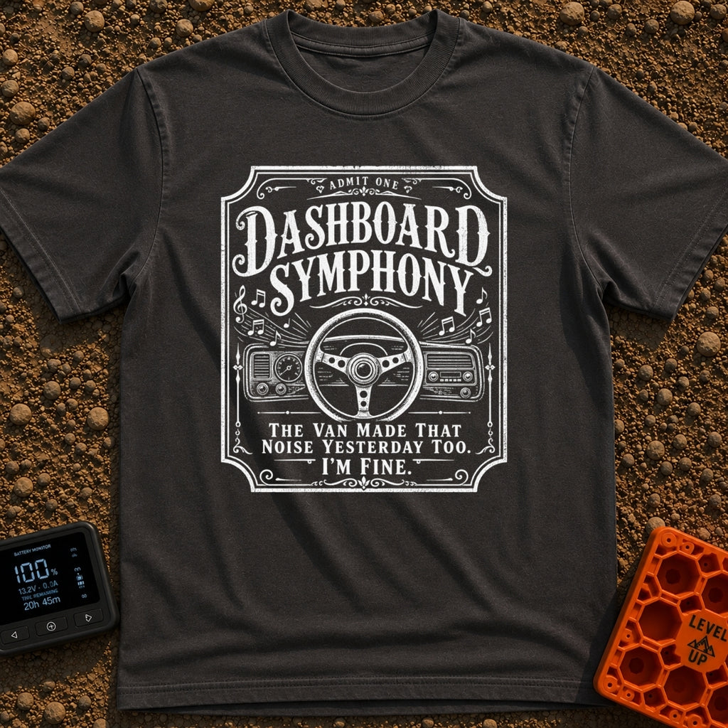 Symphony Of Squeaks - T-Shirt in Graphite - A distressed white graphic showing a vehicle steering wheel and dashboard...