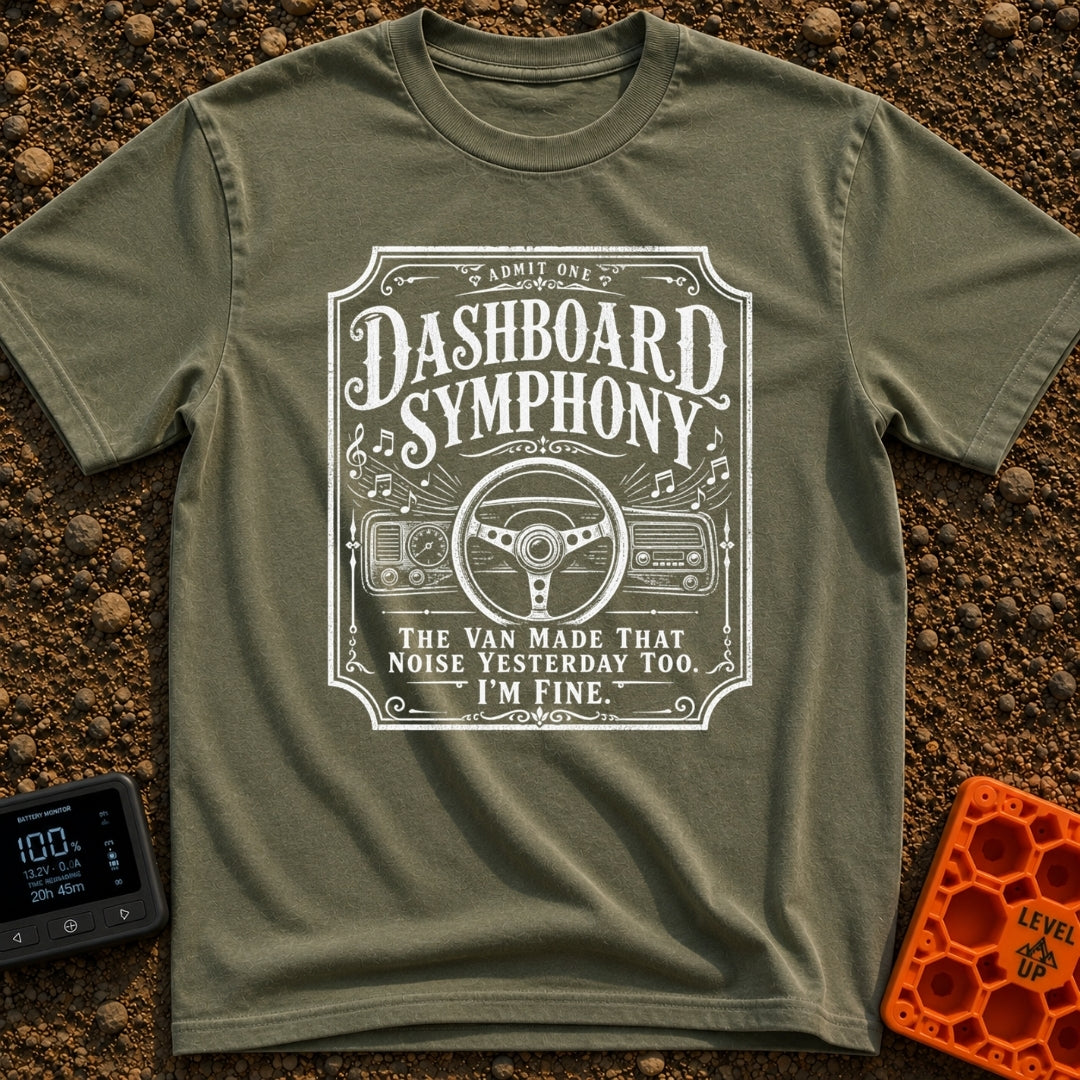 Symphony Of Squeaks - T-Shirt in Moss - A distressed white graphic showing a vehicle steering wheel and dashboard radio...