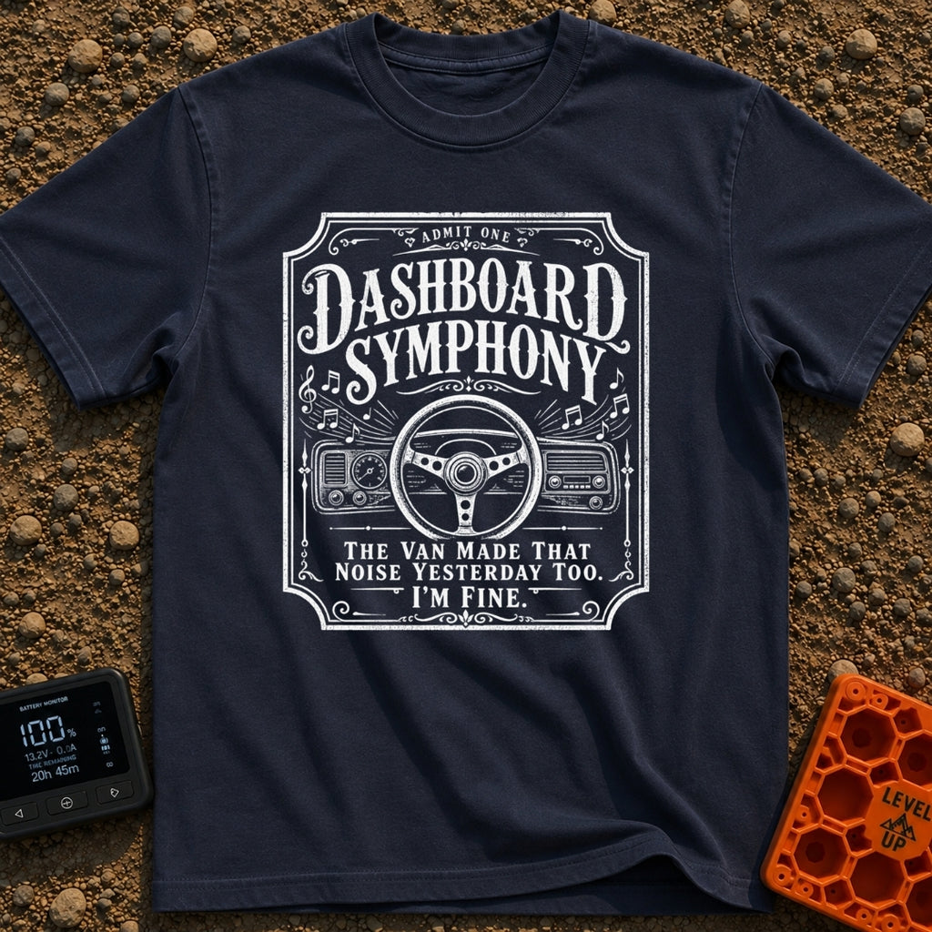 Symphony Of Squeaks - T-Shirt in Navy - A distressed white graphic showing a vehicle steering wheel and dashboard radio...