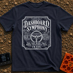 Symphony Of Squeaks - T-Shirt in Navy - A distressed white graphic showing a vehicle steering wheel and dashboard radio...
