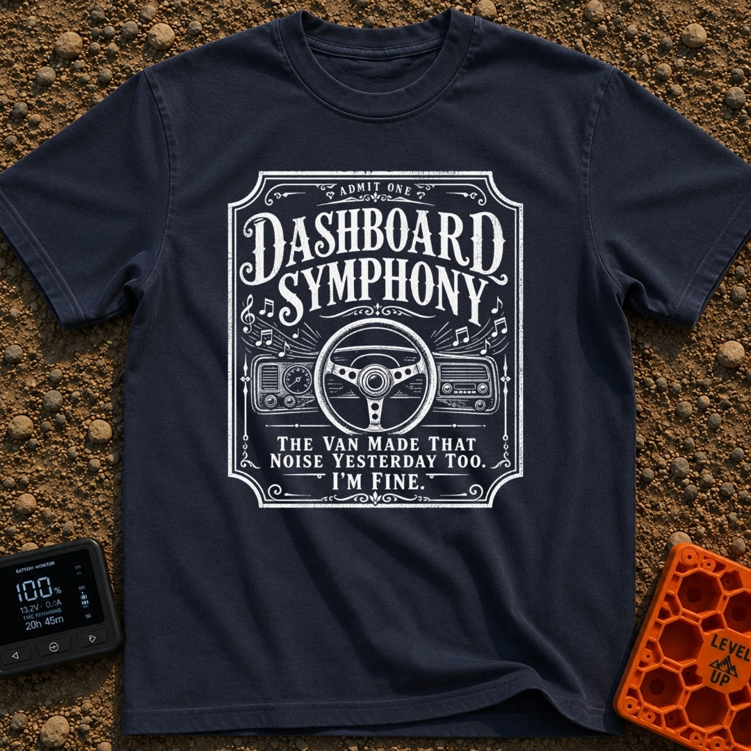 Symphony Of Squeaks - T-Shirt in Navy - A distressed white graphic showing a vehicle steering wheel and dashboard radio...