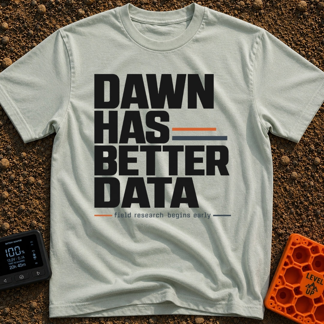 Dawn Has Better Data - T-Shirt in Bay - A text-based design featuring the phrase "DAWN HAS BETTER DATA" in large, bold...