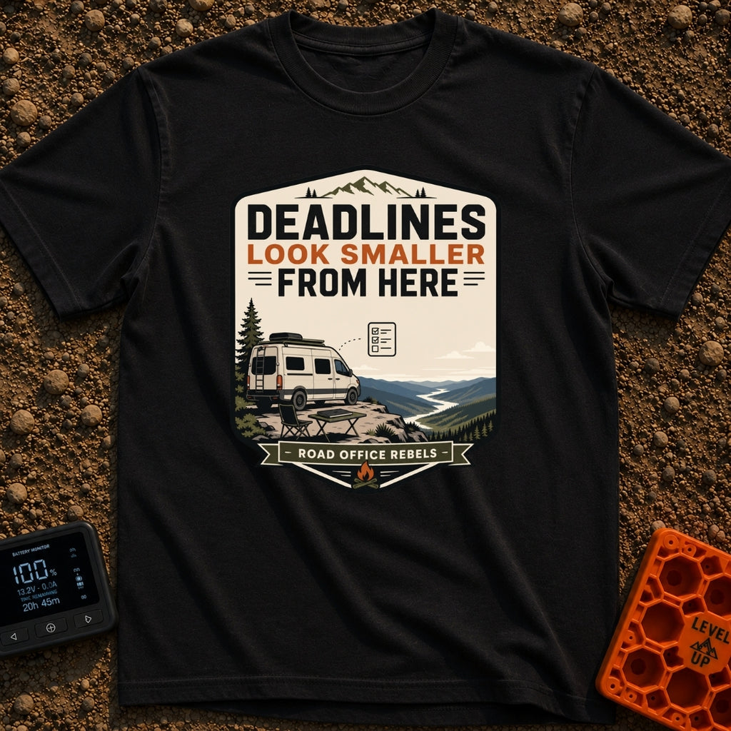 Deadlines Look Smaller - T-Shirt in Black - A graphic illustration of a white camper van parked on a cliff edge...