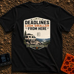 Deadlines Look Smaller - T-Shirt in Black - A graphic illustration of a white camper van parked on a cliff edge...